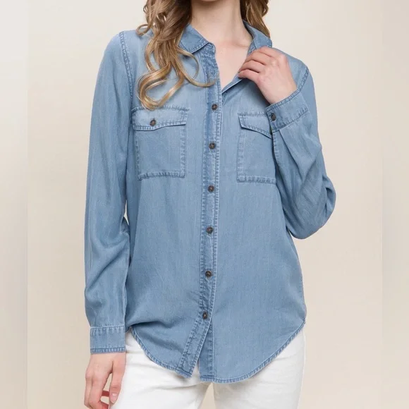 NWT Love Tree 100% Tencel Scooped Hem Button Front Chambray Denim Shirt - Picture 1 of 3